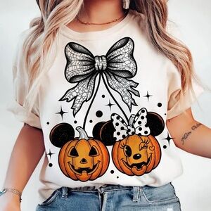 Cute pumpkin Minnie and Mickey coquette  bow tee